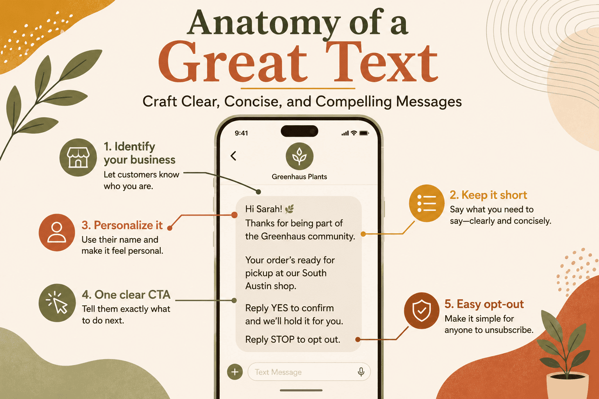 Anatomy of a great business text: identify your business, keep it short, personalize it, use one clear CTA, and make opt-out easy