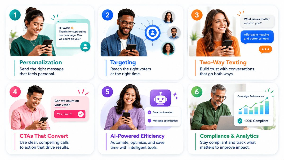 Six text-marketing lessons for political campaigns: personalization, targeting, two-way texting, CTAs that convert, AI-powered efficiency, and compliance and analytics
