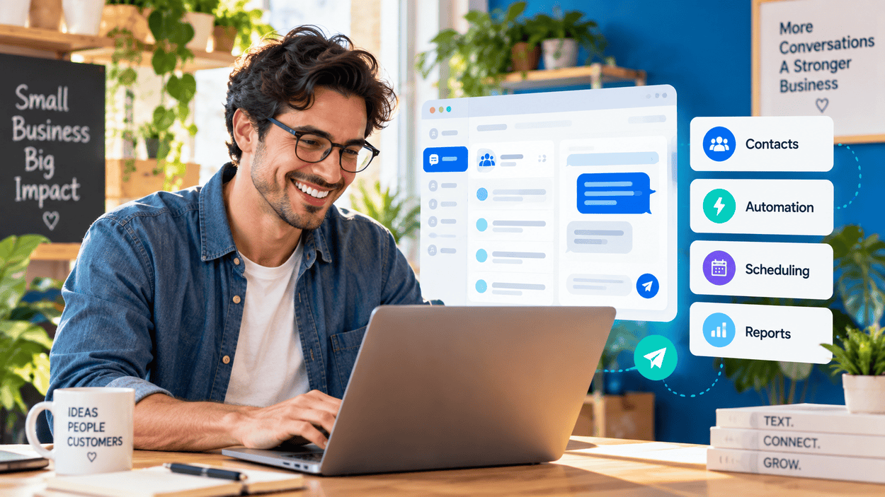 A small business owner managing SMS campaigns on a laptop