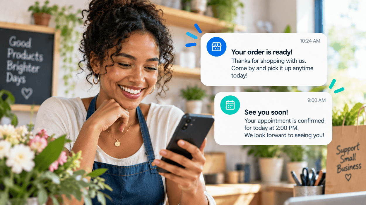 A small business customer receiving an order-ready text message on their phone