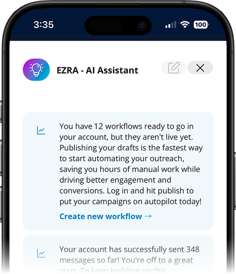 EZRA, the built-in AI assistant, answering account questions inside the EZ Texting app on iPhone