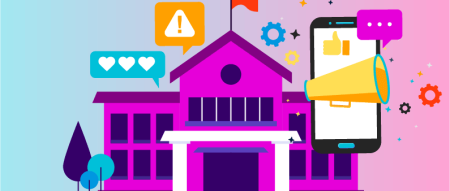 Illustration of a school building with smaller icons like a megaphone, heart, exclamation point, etc (to signify communication)
