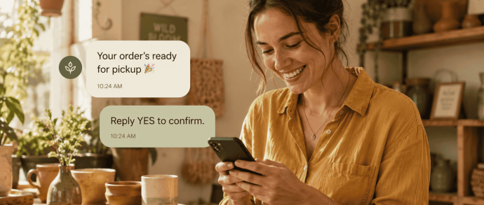 A smiling shop owner reads a business text on her phone in a warm, plant-filled pottery studio, with 'Your order's ready for pickup' and 'Reply YES to confirm' message bubbles beside her.