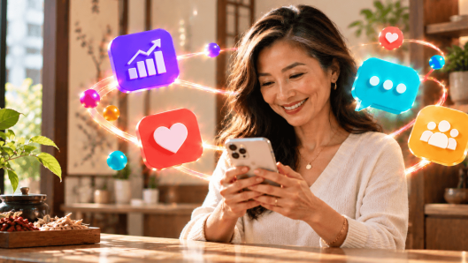 Illustration of a business owner surrounded by glowing benefits of SMS marketing