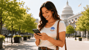 A voter reads a campaign text near the U.S. Capitol, showing how campaigns reach people the way businesses do.