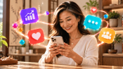 Illustration of a business owner surrounded by glowing benefits of SMS marketing