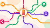 Transit-map style diagram with a smartphone hub at the center linked by colorful lines to email, chat, web, and social channel icons